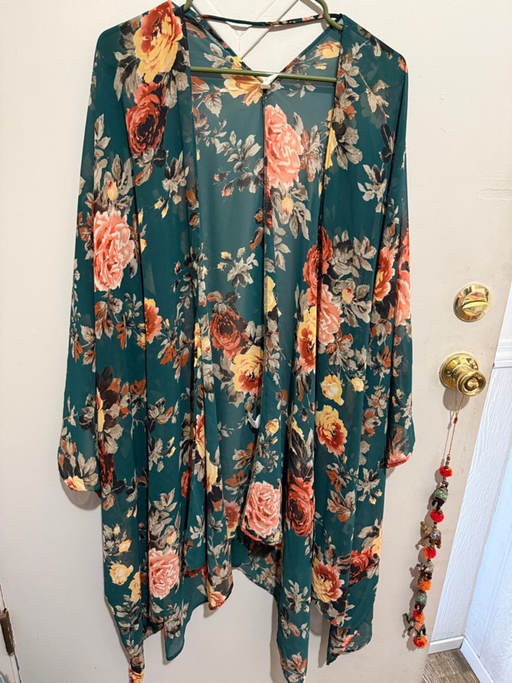 PinkBlush Teal Floral Open Cardigan with Pink & Yellow Roses
